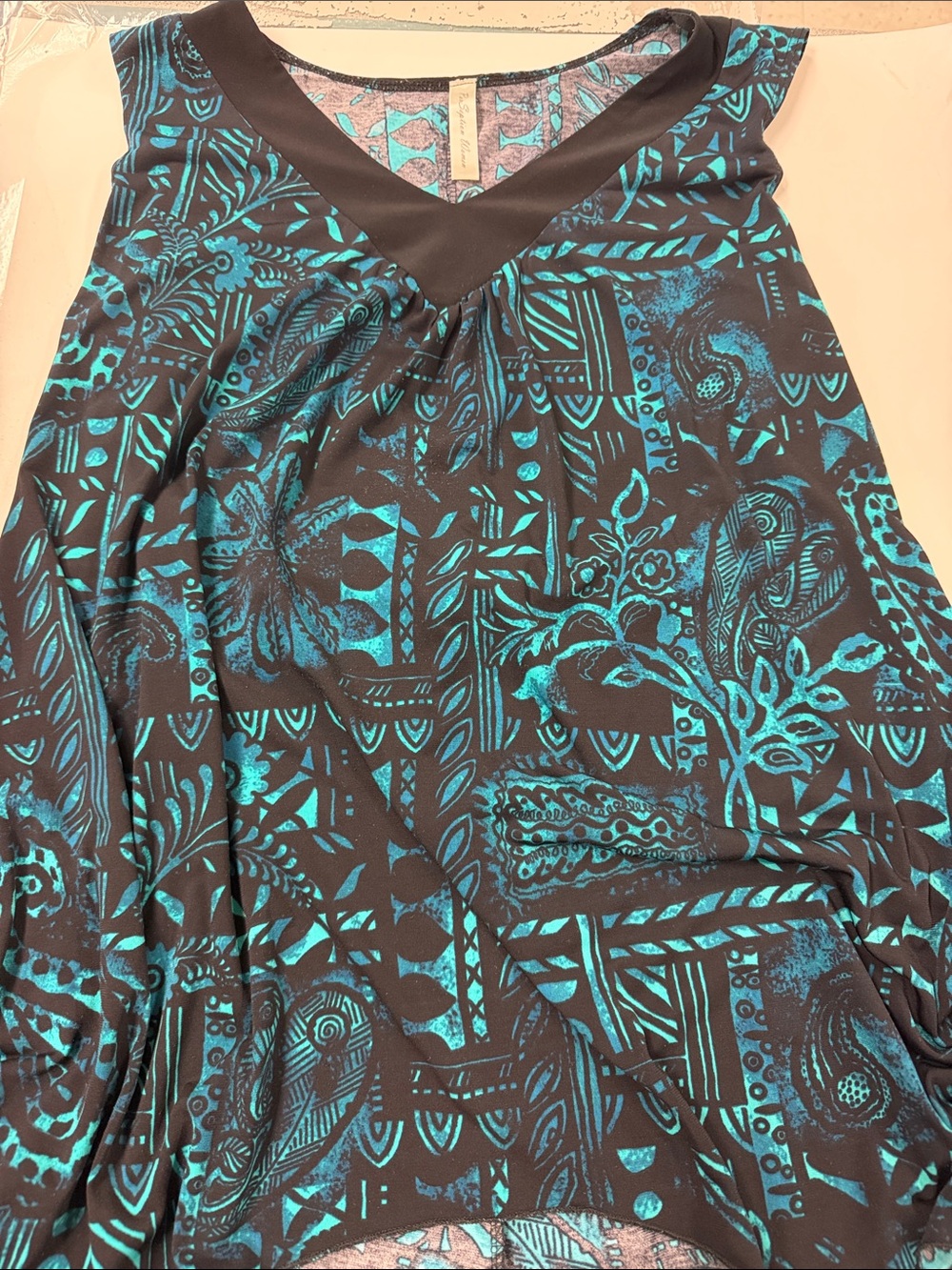 Perseption Black and Teal Printed V-Neck Tank